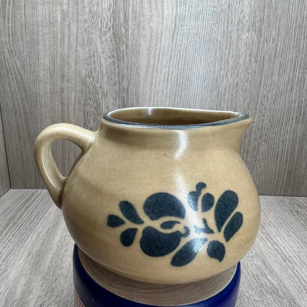 Vtg Pfaltzgraff Folk Art Sugar Bowl Creamer Set of 3 Stoneware Floral Blue Tan - Picture 2 of 16